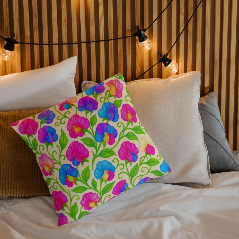 Decorative sweet pea watercolor gouache floral throw pillow on a cozy bed