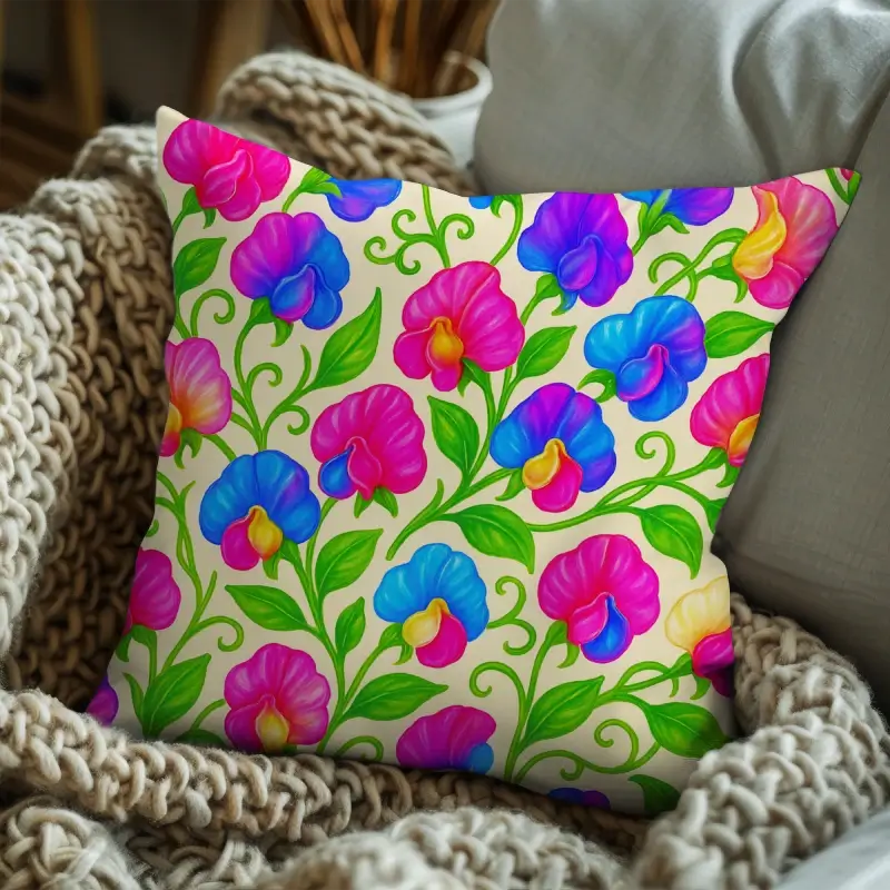 Sweet pea floral throw pillow styled on a modern sofa with pastel accents