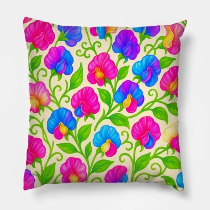 Floral throw pillow with sweet pea watercolor gouache botanical design on ivory background