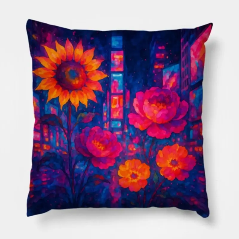 Abstract watercolor floral throw pillow with neon Times Square lights and glowing flowers