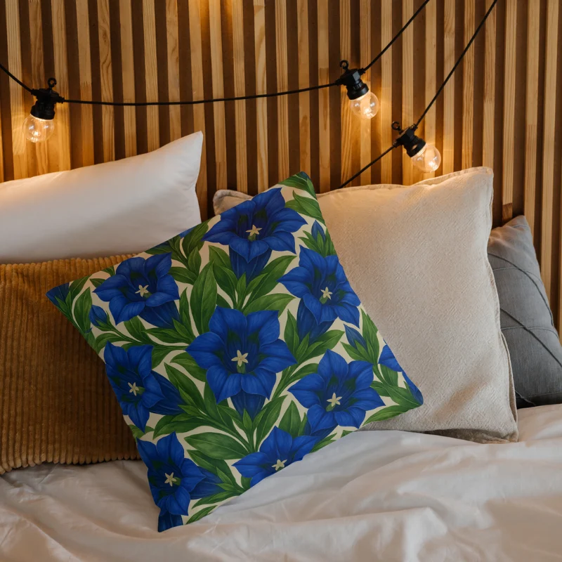 Decorative trumpet gentian botanical throw pillow on a cozy layered bed