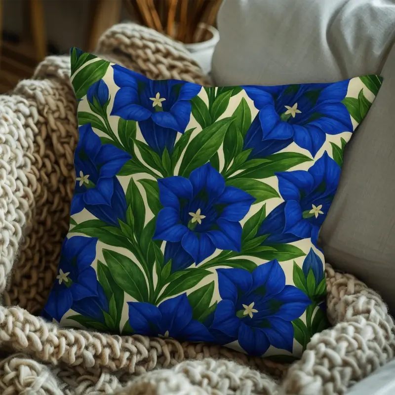 Trumpet gentian floral throw pillow styled on a sofa with blue accent décor
