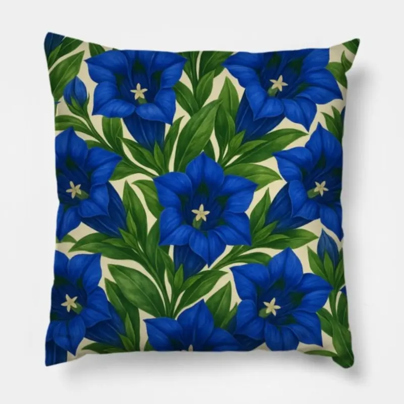 Floral throw pillow with trumpet gentian botanical design in deep royal blue with white centers and green leaves