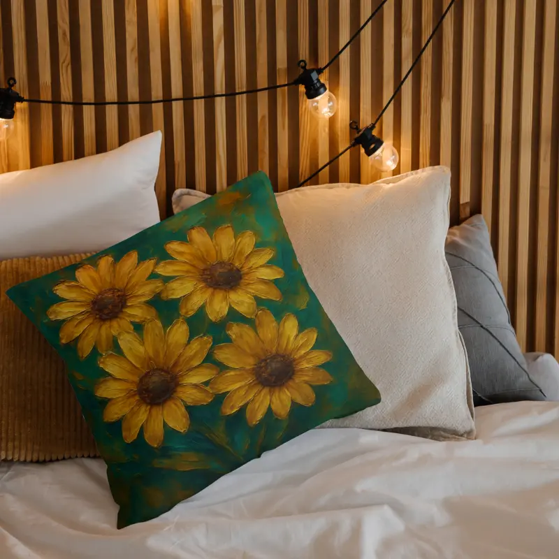 Yellow daisy impasto throw pillow on light bedding with teal and emerald abstract background and bronze centers