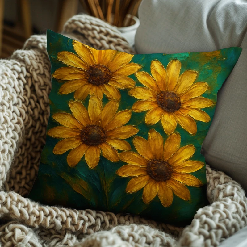 Golden daisy floral pillow on modern sofa with textured oil impasto and teal and turquoise abstract backdrop