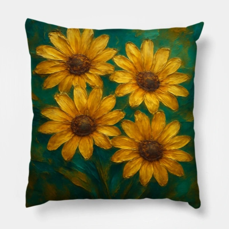 Abstract golden daisy pillow, impasto petals in honey gold on teal-emerald background with deep green leaves
