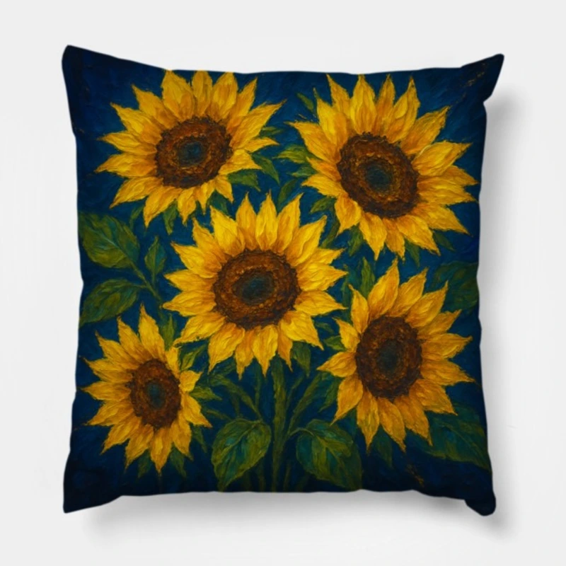 Golden sunflower pillow with oil-impasto petals, navy background, bronze centers, rich green leaves adding lively contrast