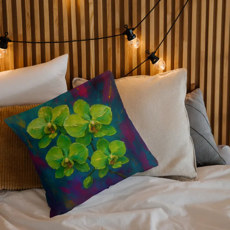 Green orchid decorative pillow on light bedding; impasto petals with teal and purple abstract background
