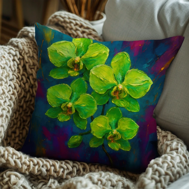 Green orchid impasto pillow on charcoal sofa with lime, emerald, and gold accents, teal-purple backdrop