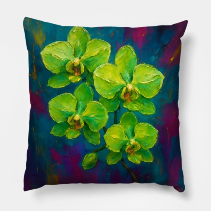 Green orchid impasto pillow with lime and emerald petals on teal and purple abstract background