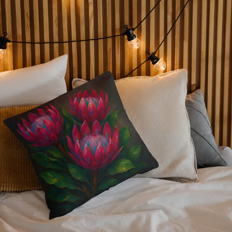 King protea floral impasto throw pillow on light neutral bedding, vivid pink petals and moss-green leaves