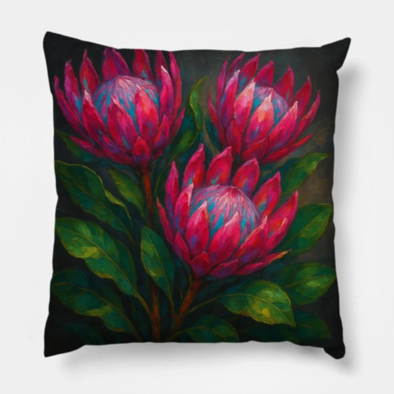 Bold pink-fuchsia king protea floral impasto pillow on deep charcoal background with rich emerald leaves