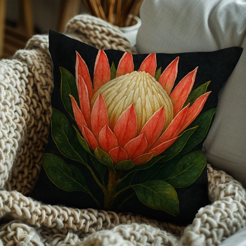 King Protea floral watercolor pillow featuring blush and coral petals with creamy white tips on a dark grey wash.