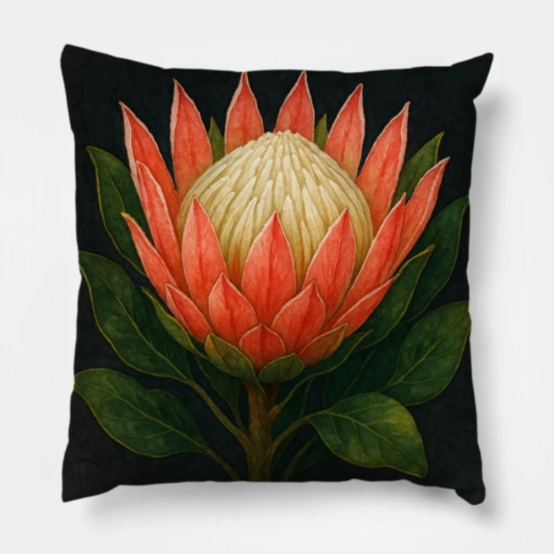 King Protea watercolor pillow with coral-pink petals, ivory crown, and deep green leaves on dark grey.