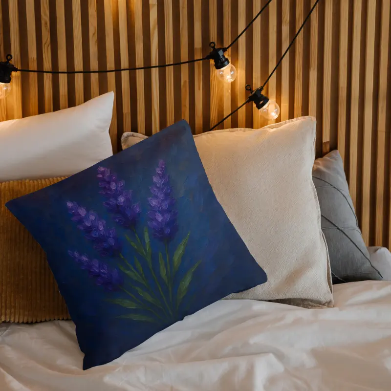 Lavender bouquet throw pillow on neutral bedding with saturated purple and green floral impasto design