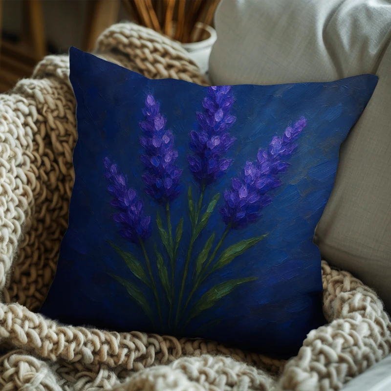 Purple lavender bouquet pillow styled on dark sofa with teal and gold impasto background