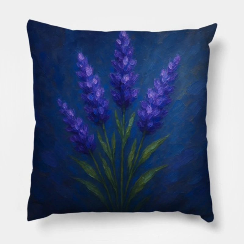 Abstract lavender pillow in purple and lilac tones with fresh green stems on deep blue and teal background