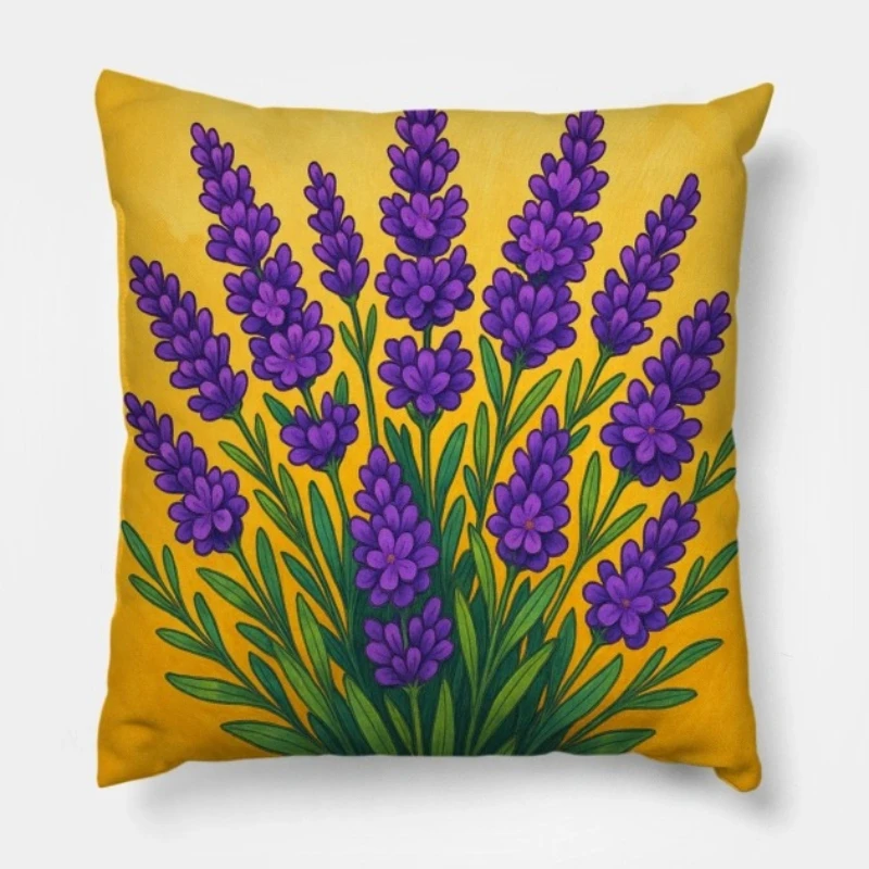 Lavender throw pillow with botanical illustration style featuring purple flowers and green leaves