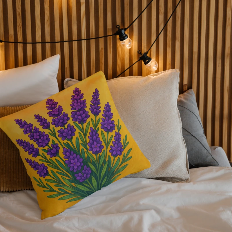 Lavender botanical throw pillow on a bright bed setup with floral-inspired decor