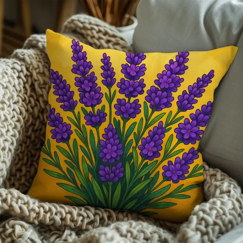 Lavender throw pillow styled on a neutral-toned sofa with vibrant botanical theme