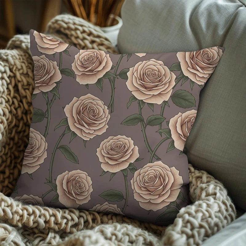 Quicksand rose pattern pillow on contemporary sofa with sophisticated neutral palette