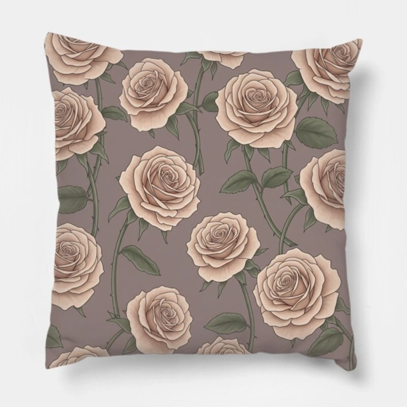Modern quicksand rose throw pillow with nude-beige roses on gray background
