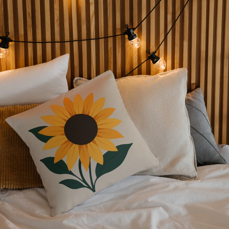 Contemporary sunflower throw pillow on accent chair in minimalist interior
