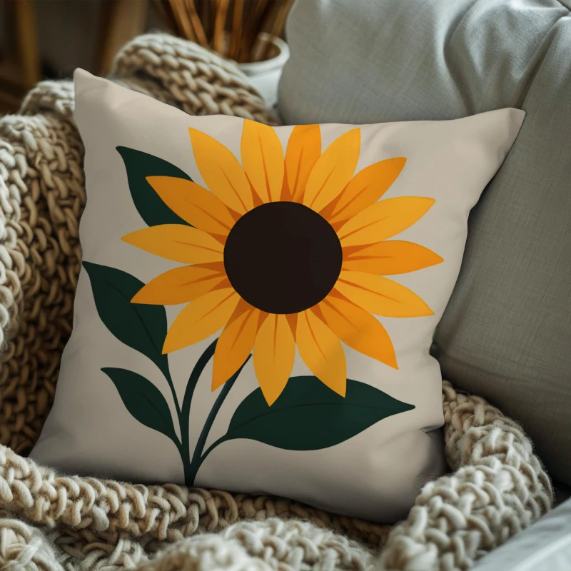 Minimalist sunflower pillow on modern sofa with clean lines and neutral palette