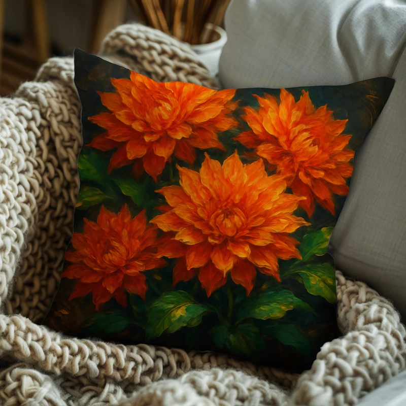 Orange dahlia abstract oil pillow on charcoal sofa with golden undertones and lush green leaves