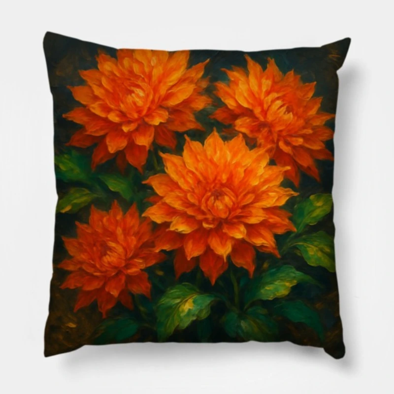 Orange dahlia impasto pillow with fiery tangerine and amber petals, emerald leaves, charcoal background
