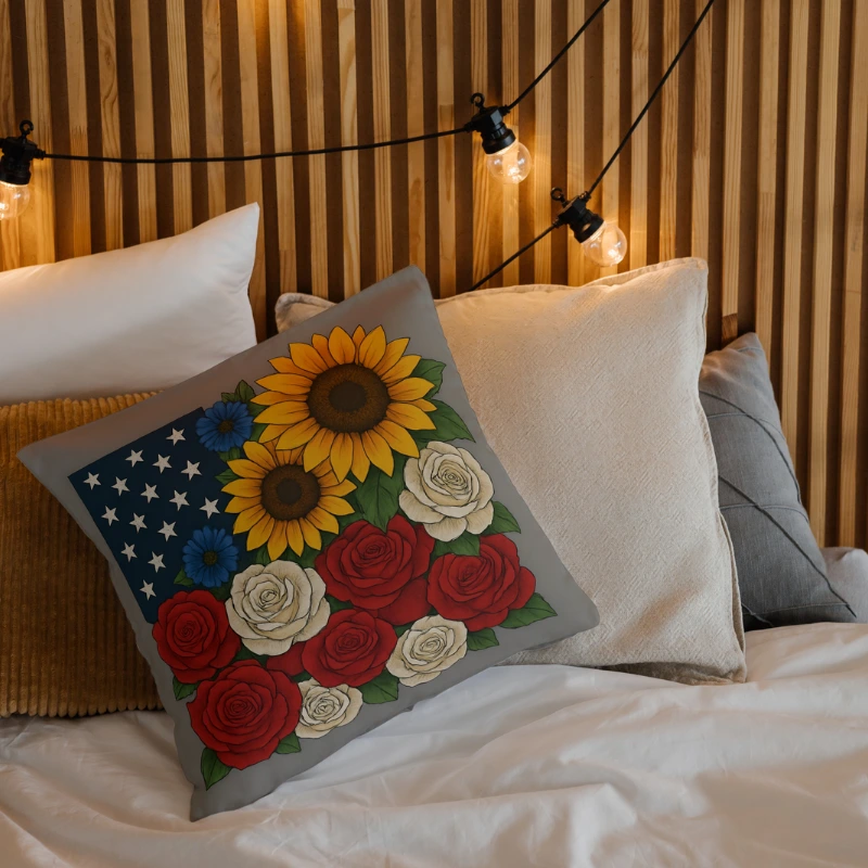 Patriotic flower pillow on outdoor porch swing with American flag backdrop