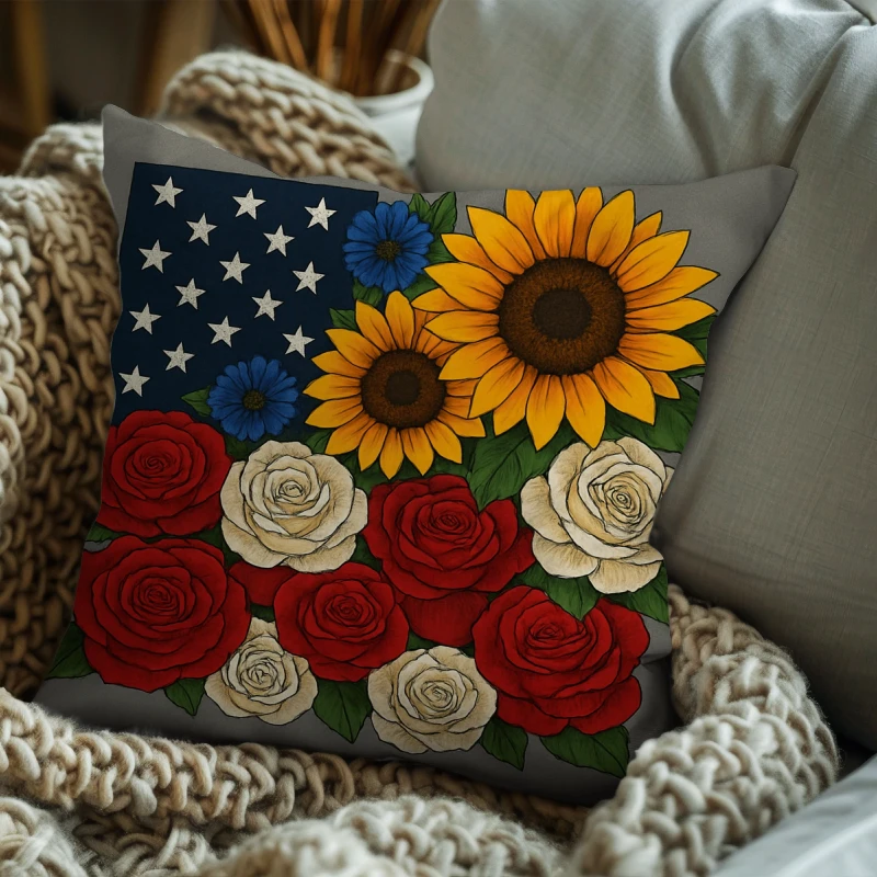 American flag floral pillow displayed on traditional sofa with patriotic decor