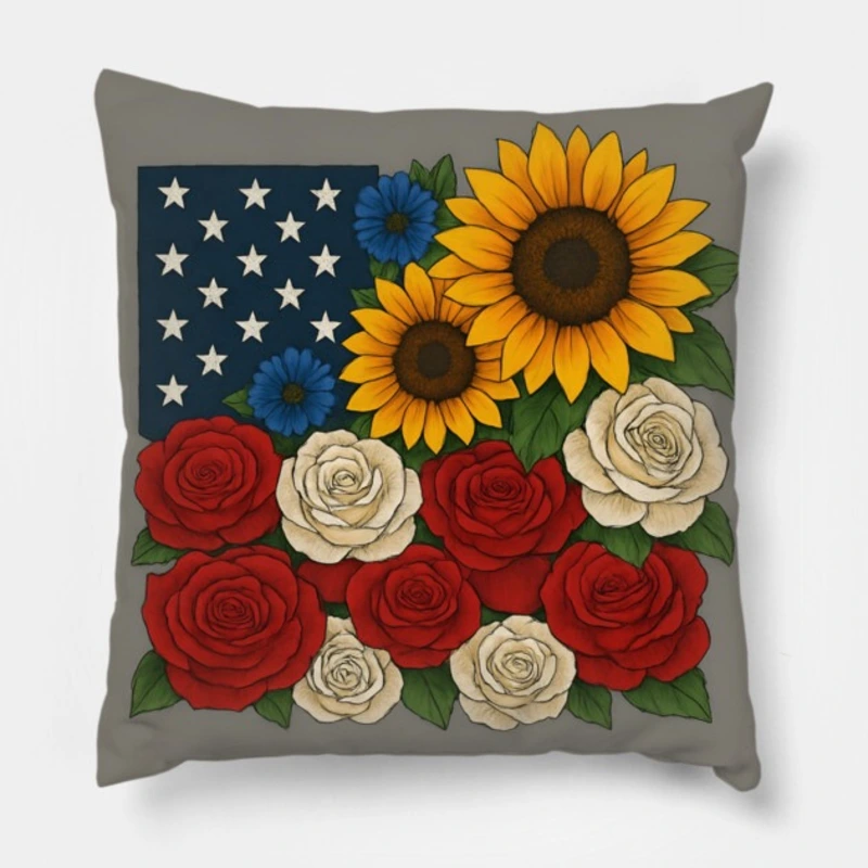 Patriotic floral throw pillow with American flag design made of roses, cornflowers, and sunflowers