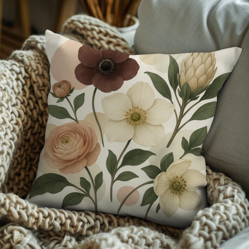 Vintage floral pillow on gray sofa