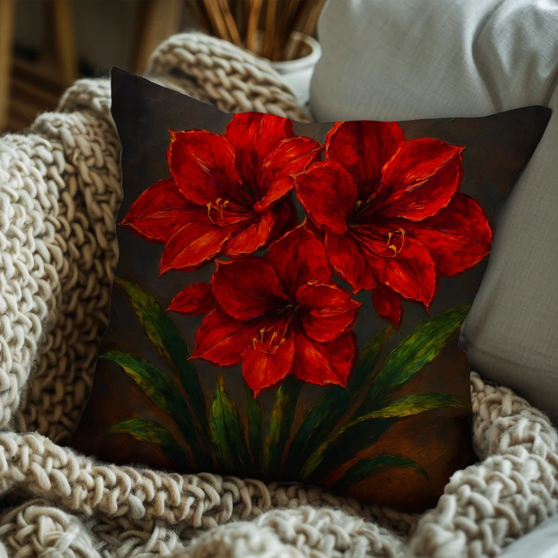 Red amaryllis floral impasto pillow styled on a modern charcoal grey sofa with green leaves