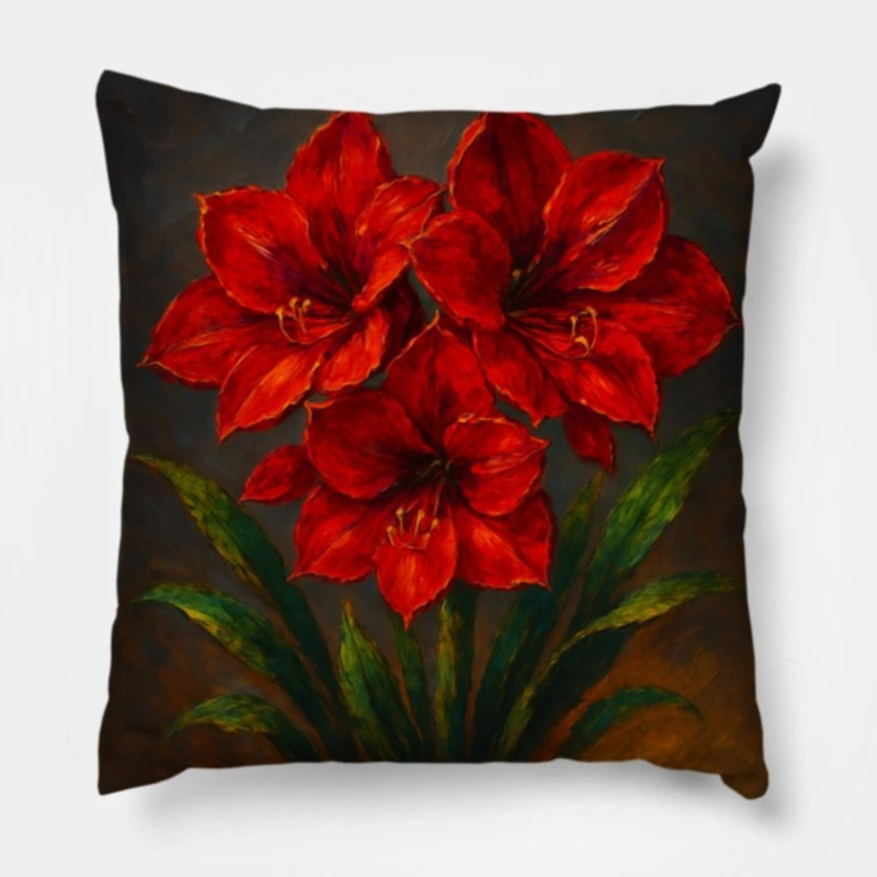 Abstract red amaryllis blooms with green leaves on charcoal background in impasto art style