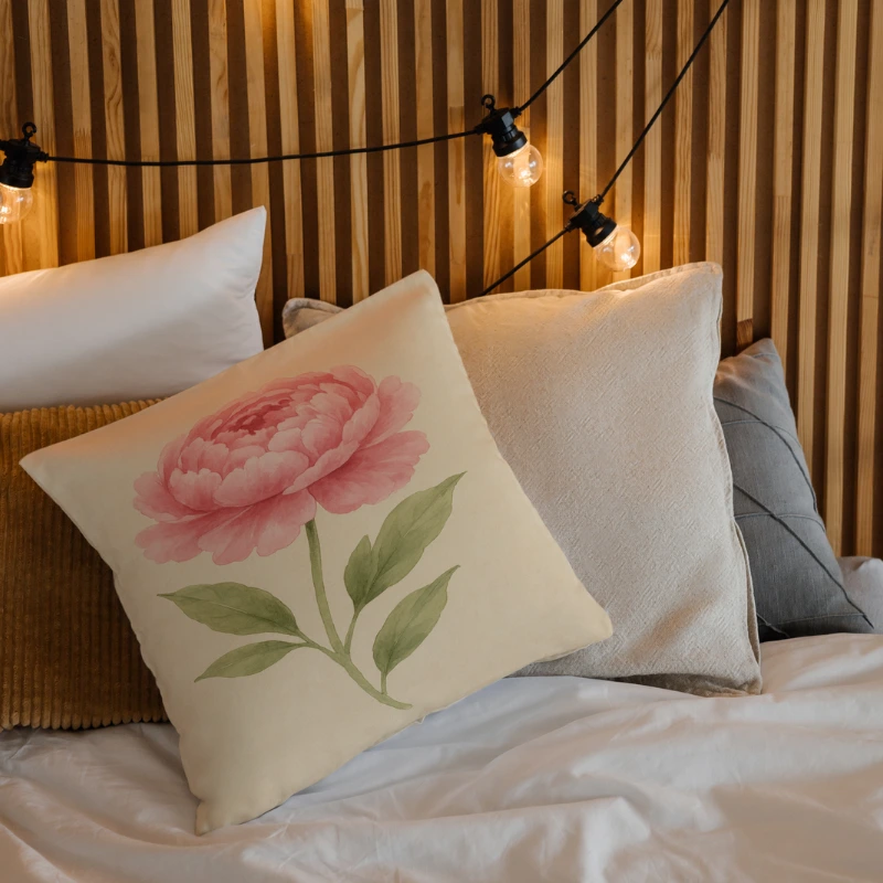 Watercolor peony throw pillow on vintage chair with feminine decor