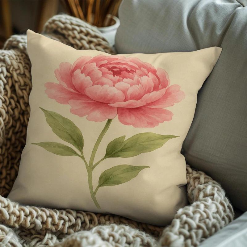 Pink peony watercolor pillow on romantic bedroom with soft linens