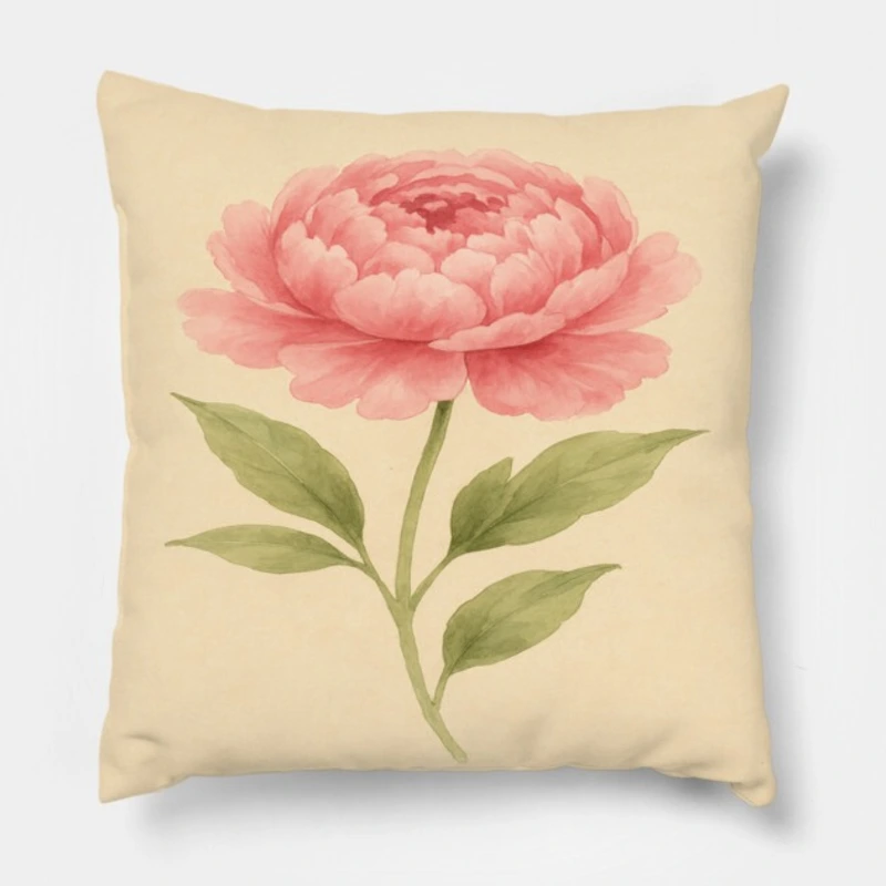 Romantic pink peony throw pillow with lush layered petals on warm beige background