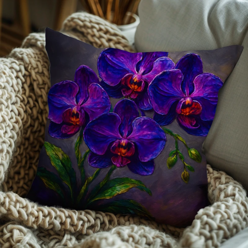 Royal purple orchid throw pillow on a modern charcoal sofa with bold impasto petals and green leaves