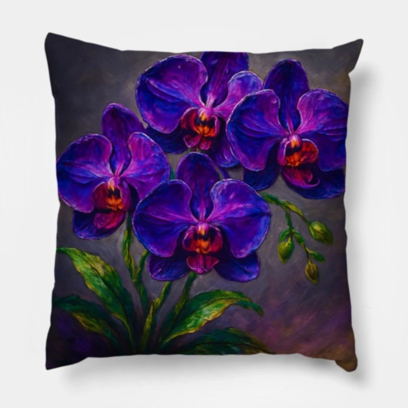 Abstract royal purple orchid blooms with green stems on charcoal background in impasto style
