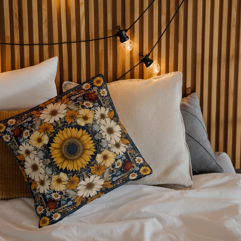 Sunflower mandala throw pillow on a boho-style bed with layered textiles