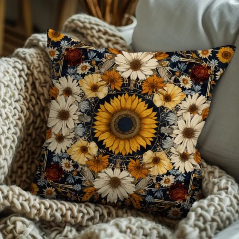Sunflower mandala pillow styled on a bohemian sofa with earth-toned decor