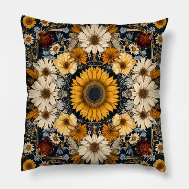 Sunflower mandala boho throw pillow featuring intricate symmetrical sunflower pattern
