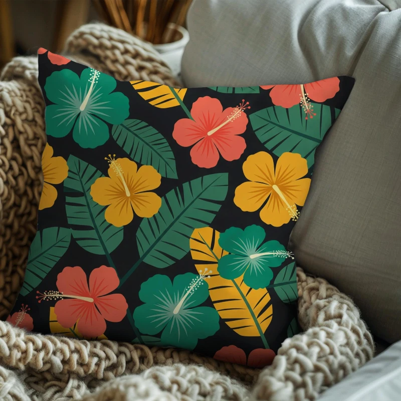 Hibiscus pattern pillow on contemporary sofa with tropical-inspired decor