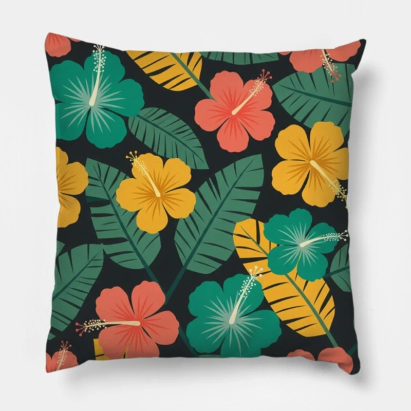 Tropical hibiscus throw pillow with bold emerald, coral, and yellow flowers on navy background