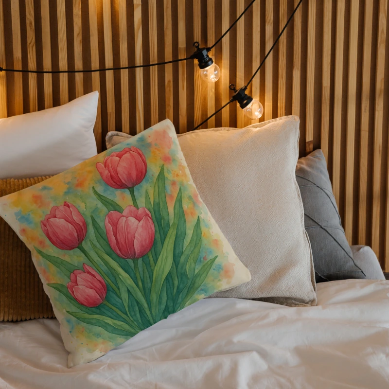 Tulip watercolor throw pillow on a bright bedroom with fresh floral accents