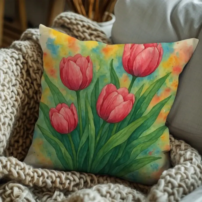 Tulip watercolor pillow styled on a modern sofa with natural spring lighting
