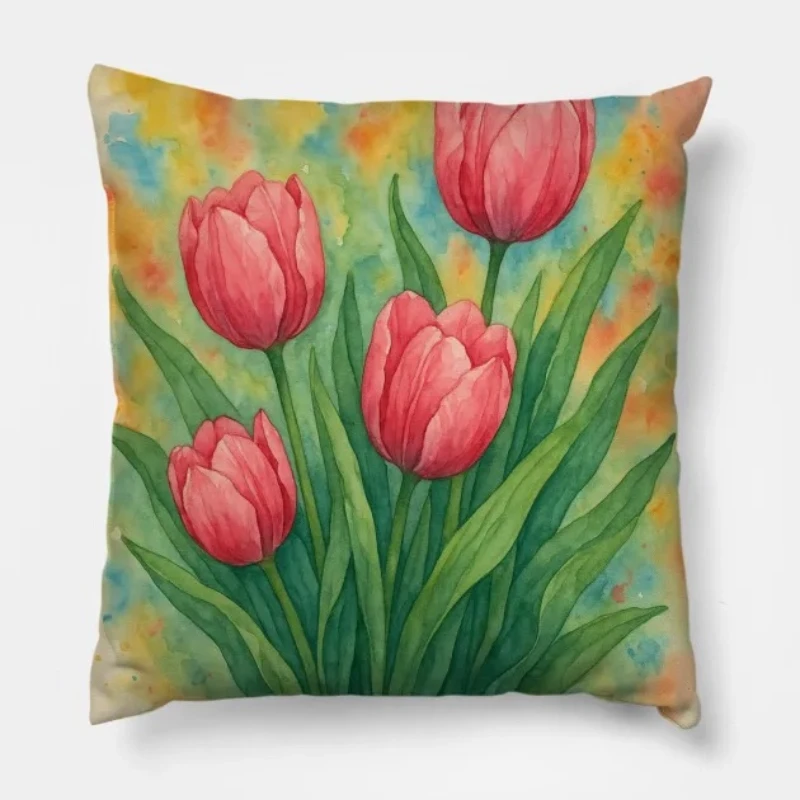 Tulip watercolor floral throw pillow showcasing soft painted tulip flowers