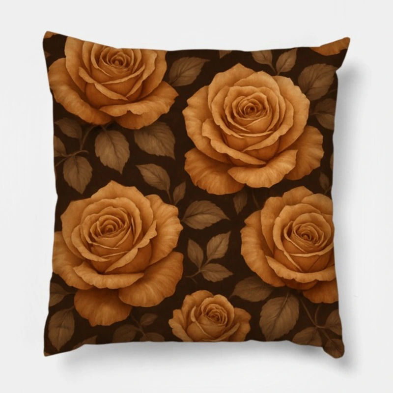 Vintage toffee rose throw pillow with creamy brown roses on deep coffee background